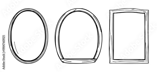 Wooden mirror set with sleek black line art framing on white background featuring minimalist design, reflective surface, interior decor artwork with wood grain and modern styling