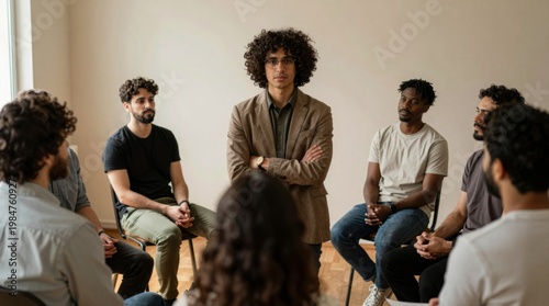 Group Therapy Session with Diverse Participants and Facilitator