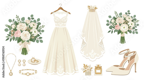 Wedding dress and accessories on display.