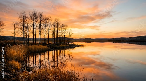 Wallpaper Mural Golden sunset reflecting on calm lake water with silhouetted trees and tall grass on shore Torontodigital.ca