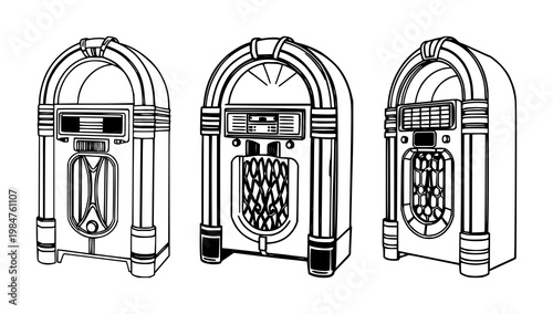 Jukebox set with retro black line art on white background featuring jukebox, music, vinyl with vintage and nostalgia, collecting and dancing