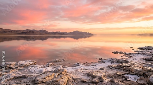 Wallpaper Mural Serene pastel colored sunset paints the sky with vibrant hues reflecting on a calm body of water with rocky shoreline Torontodigital.ca