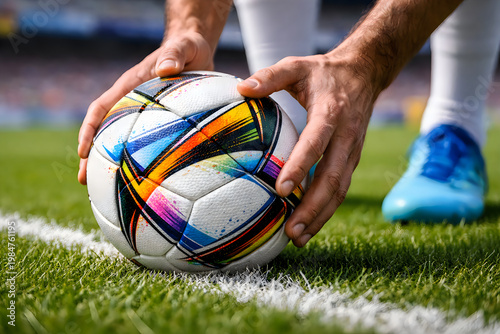 Soccer ball on field with player's hands