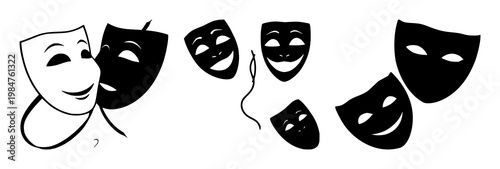 Theater masks set with solid black silhouettes on white background featuring comedy mask, tragedy mask, icon with entertainment and arts