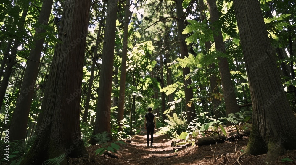 Fototapeta premium Solitary Figure Walking Through Lush Green Forest Pathway