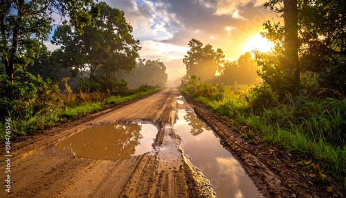 Sunlit dirt road with puddles reflects the sky in a rural, forested landscape