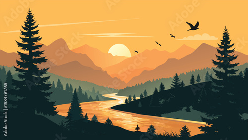 Serene mountain landscape with river and trees at sunset with birds flying overhead scenery
