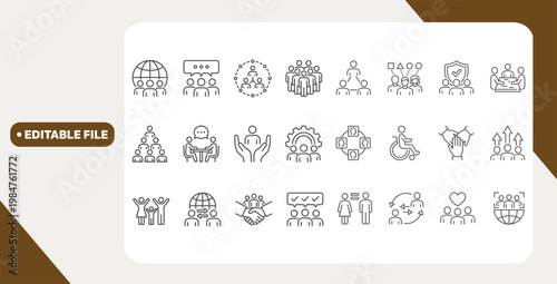 Society line icon set. Editable Stroke. Community, people, cooperation, unity, social, network - stock vector.