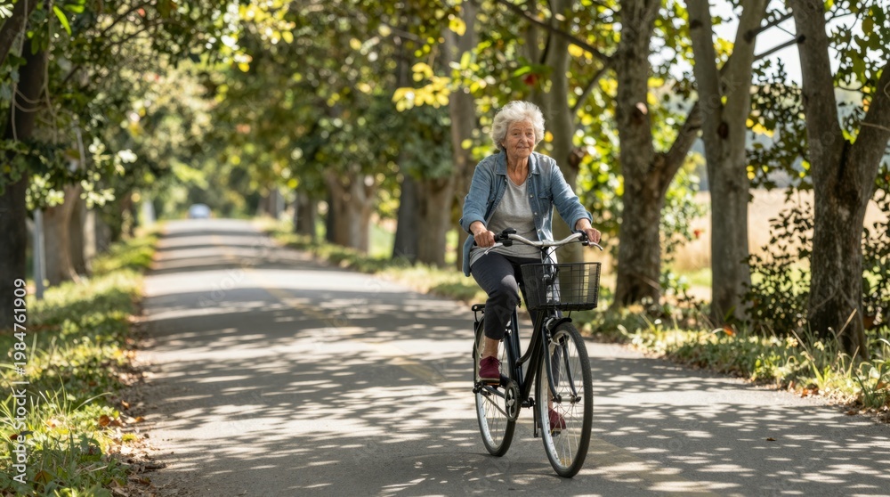 Obraz premium Senior Woman Cycling Joyfully Through a Scenic Tree-Lined Pathway