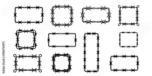Barbed wire frame set, black metal wire borders for industrial design, 11 decorative rectangular frames with sharp spikes, security and prison concept vectors