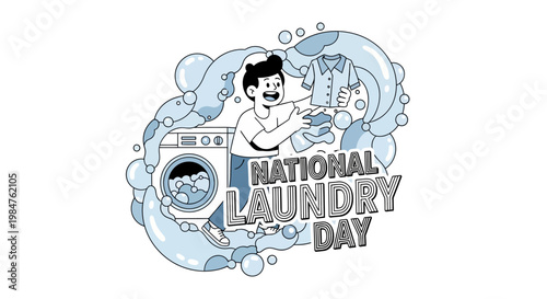 A vector illustration celebrates National Laundry Day, depicting a person doing home laundry activity near a washing machine with clothes, presented in a clean and minimal style on a white