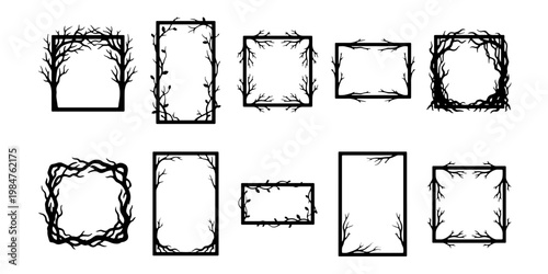 Spooky thorn branch frames set, 10 gothic black twig border vectors, creepy forest wood frames for Halloween invitations and dark aesthetic designs