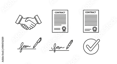 Business agreement icons handshake contract signature and check mark.