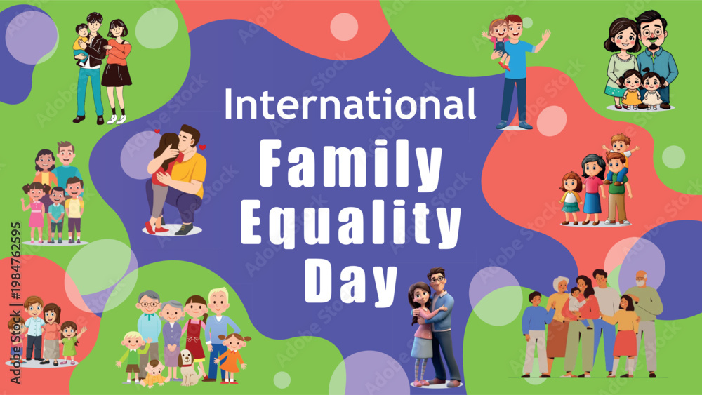 Fototapeta premium Various families of different compositions are illustrated around the text for International Family Equality Day.