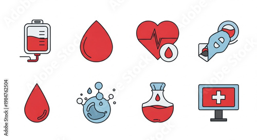 Medical icons representing blood donation and health care.