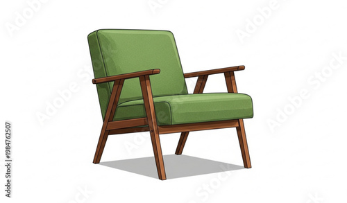 Mid Century Green Armchair Wooden Frame Furniture Vector Illustration