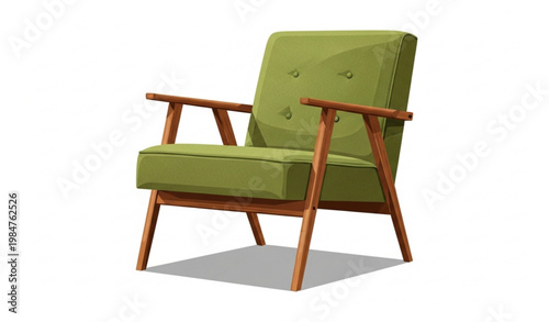 Mid Century Green Armchair Wooden Frame Furniture Vector Illustration