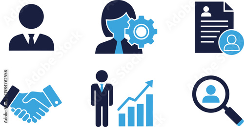 Six icons represent business and human resources concepts.