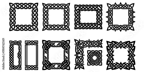 Celtic knot frames and borders set, 10 black vector elements with intricate braided patterns, traditional Irish knotwork square and rectangular frames