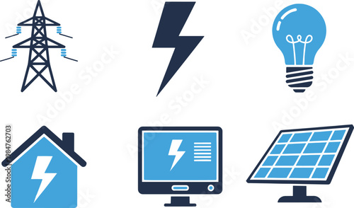 The image depicts various elements related to electricity and energy. It showcases a power transmission tower, a lightning bolt, a light bulb, a house, a computer, a solar panel, and a plug.