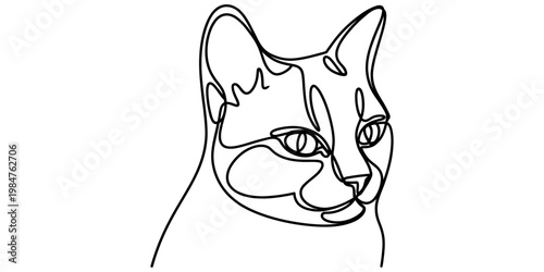 Minimalist continuous line art drawing of a cat's head isolated on a white background.