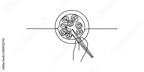 Continuous line drawing of a hand using chopsticks to pick up a dumpling from a bowl.