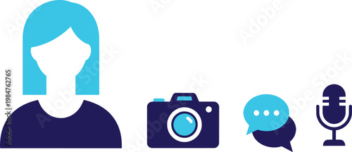 A stylized graphic featuring a woman's head silhouette with blue hair, accompanied by a camera, a speech bubble, and a microphone.