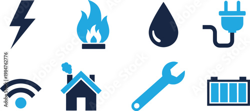 The image displays a collection of icons representing various home-related services and utilities. The icons include electricity, fire, water, a wrench, a plug