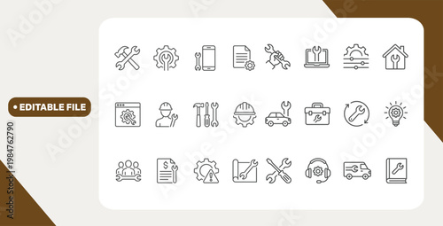 Repair line icon set. Editable Stroke. Maintenance, wrench, fixing, service, tools, repairman, engineer, troubleshoot - stock vector.