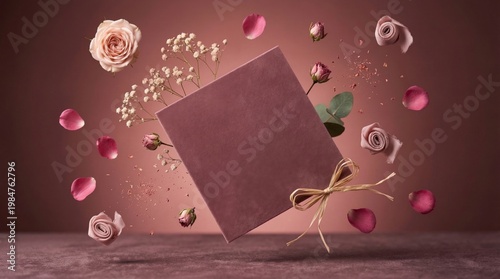 Romantic Velvet Wedding Invitation Card with Ribbon Bow Surrounded by Rose Petals and Floral Elements in Soft Elegant Scene