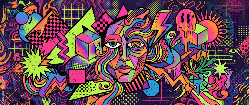 Fototapeta premium Psychedelic style abstract illustration featuring human face with geometric shapes and vibrant colors
