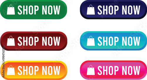 Shop Now Buttons Collection: A vibrant assortment of Shop Now buttons in a spectrum of colors, each featuring a shopping bag icon.