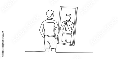 Single line drawing of a man in casual clothes looking in a mirror and seeing a formal tie.