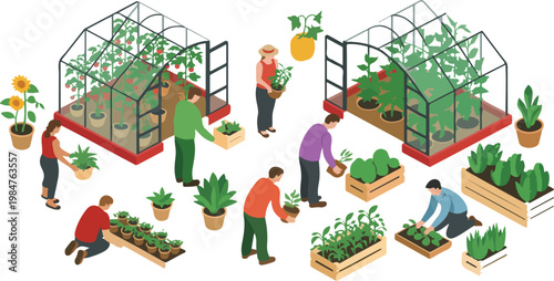Isometric garden and farming plant set with greenhouse, pumpkin, tomato and pepper, organic harvest season outdoor activity vector illustration isolated