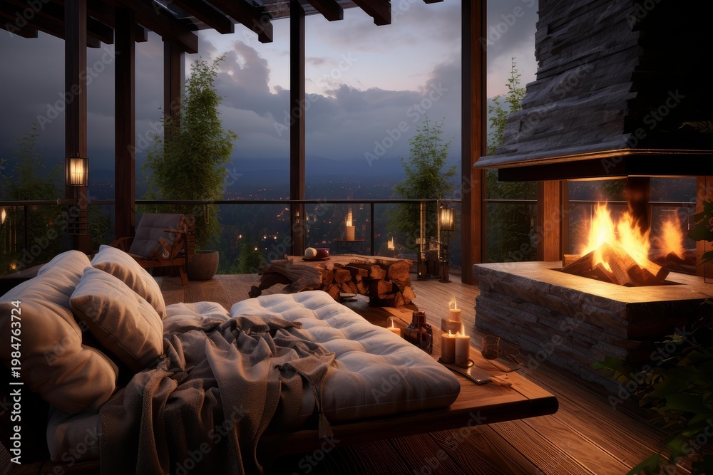 Obraz premium Luxurious balcony retreat featuring a warm fireplace and comfortable seating overlooking a nighttime mountain landscape