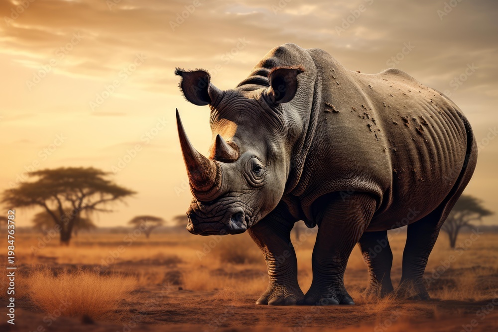 Fototapeta premium Rhinoceros standing in dry savanna landscape under orange sky at dusk