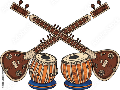 Detailed Illustration of Traditional Indian Musical Instruments Featuring Sitar and TablaDetailed Illustration of Traditional Indian Musical Instruments Featuring Sitar and Tabla