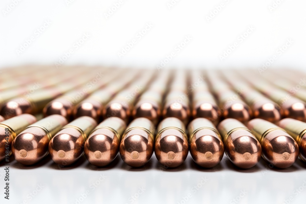 Obraz premium Rows of metallic bullet cartridges showing ammunition and weaponry elements