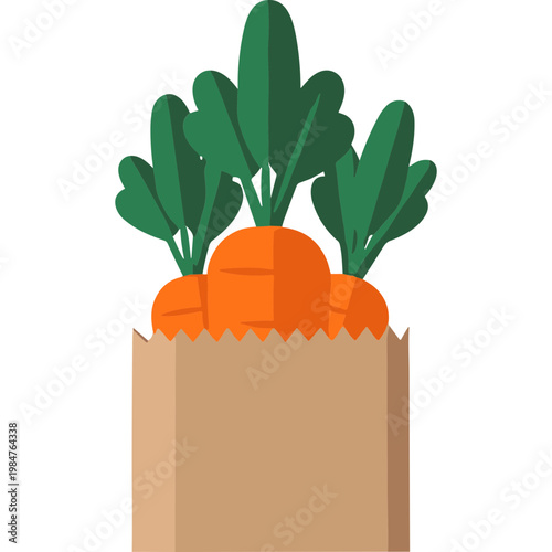 Fresh carrots are packed in a brown paper bag outdoors