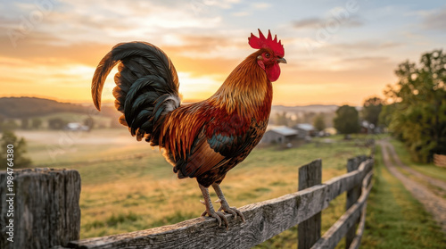 A rooster stands proudly on a wooden fence as the sun rises over a farm