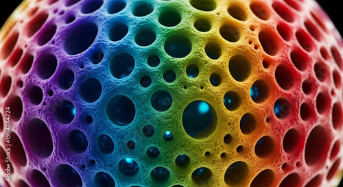 A vibrant rainbow-colored sphere with numerous holes and bubbles