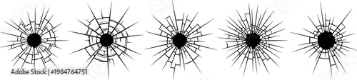 Broken Glass Bullet Hole Vector Set with Realistic Shard Cracks and Impact Shatter Patterns for Action Crime and Destruction Theme Graphic Design ProjectsBroken Glass Bullet Hole Vector Set with Reali