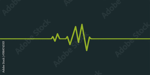 A vibrant green electrocardiogram wave line forms a healthy heart symbol on a medical monitor graph to illustrate a steady pulse rate and hospital diagnostic cardiogram for healthcare