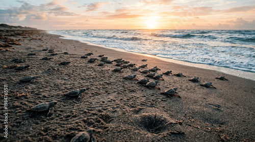 Baby turtles are crawling across the sandy beach toward the ocean as the sun rises