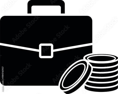 Black and white icon of a briefcase with money and coins