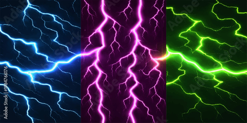 A seamless digital illustration of a blue electric lightning bolt on a black background featuring fractal energy patterns and plasma motion for a powerful storm wallpaper design