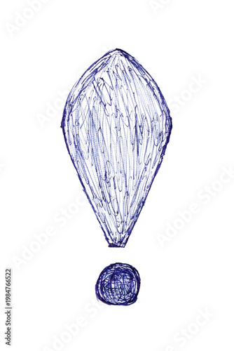 A stylized exclamation mark is drawn with a blue ink pen on a piece of paper.