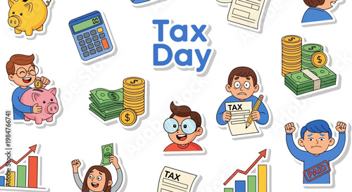 Overhead shot featuring accounting and personal finance taxes in a cartoon-style vector graphic with a tax day theme, incorporating stacks of money, a calculator, and various character