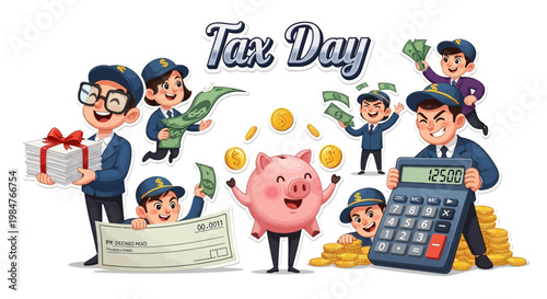 Cartoon-style vector illustration featuring people celebrating with money around a piggy bank, emphasizing financial responsibility during tax season, with a clean background and a bright