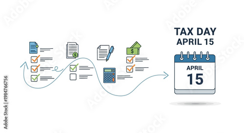A tax return concept illustration shows the income tax day deadline with a calendar and a wavy line connecting various financial paperwork tax documents on a clean white background